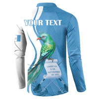 Back men's long-sleeve button sweatshirt, blue/white with quetzal bird and YOUR TEXT