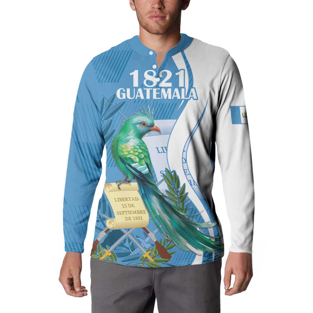 Men's long-sleeve button sweatshirt, blue/white with 1821 Guatemala quetzal bird graphic