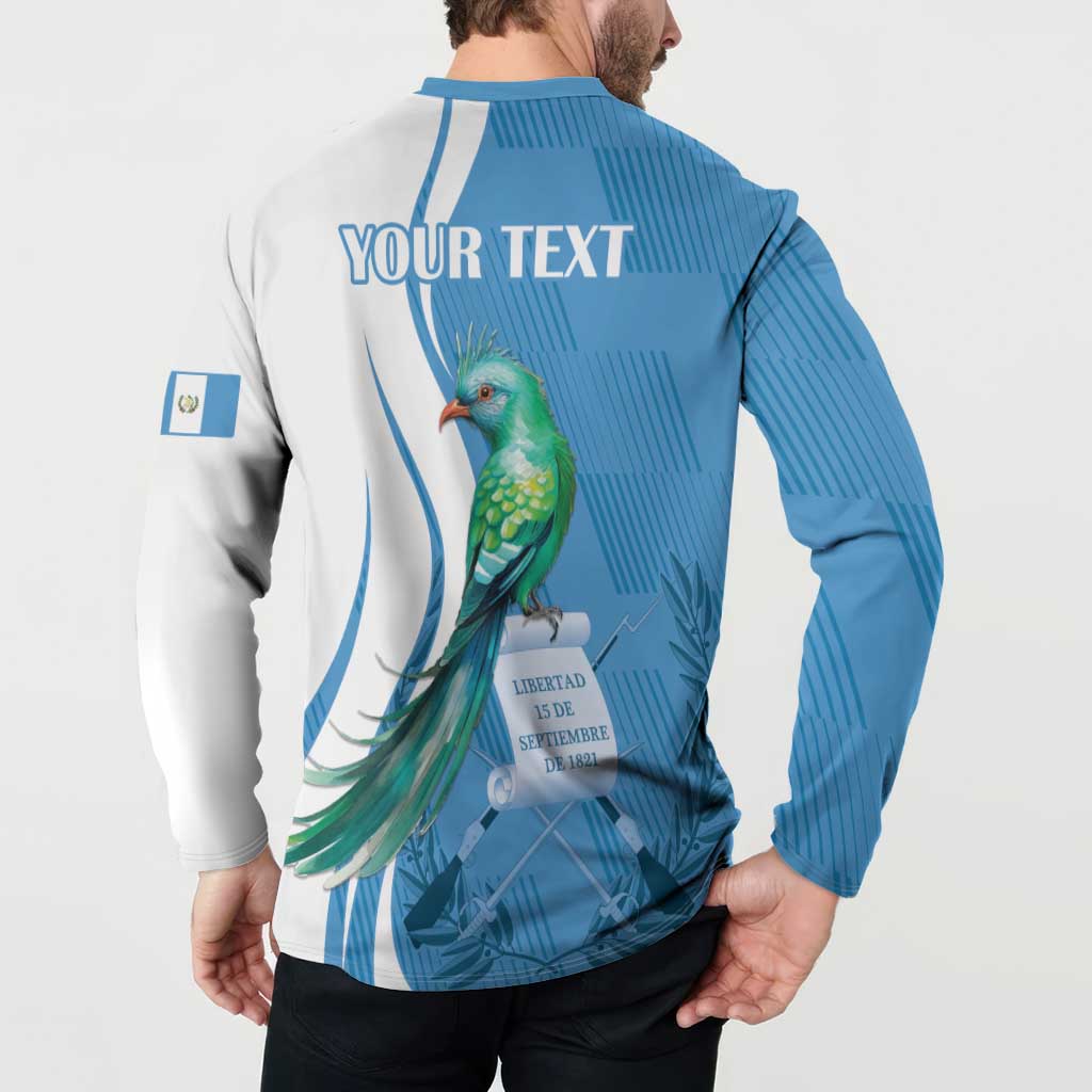 Men's long-sleeve button sweatshirt, blue/white with quetzal bird on the back