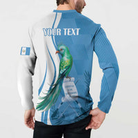 Men's long-sleeve button sweatshirt, blue/white with quetzal bird on the back