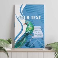Blue canvas wall art featuring quetzal bird, Your Text headline, and scroll