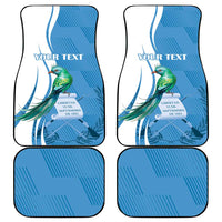 Blue car floor mat set with quetzal bird and your text, 4-piece view