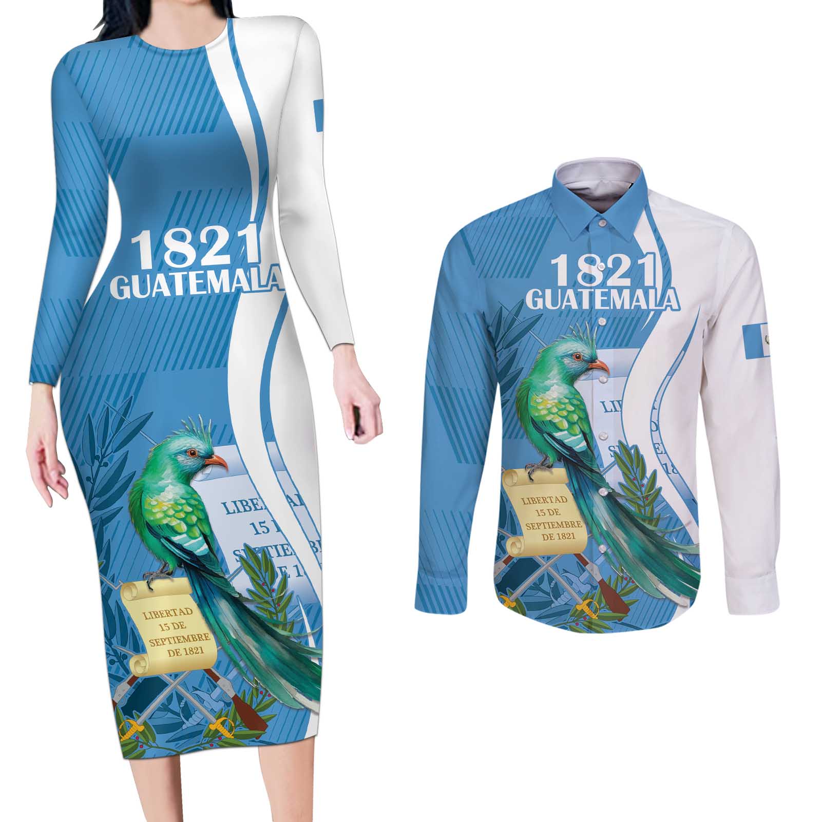 Personalized Guatemala Independence Day Couples Matching Long Sleeve Bodycon Dress and Long Sleeve Button Shirt Since 1821 With Quetzal Bird - Wonder Print Shop