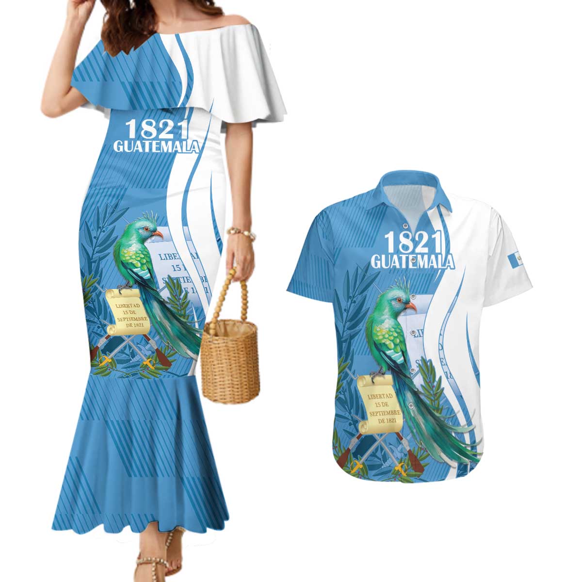 Personalized Guatemala Independence Day Couples Matching Mermaid Dress and Hawaiian Shirt Since 1821 With Quetzal Bird - Wonder Print Shop