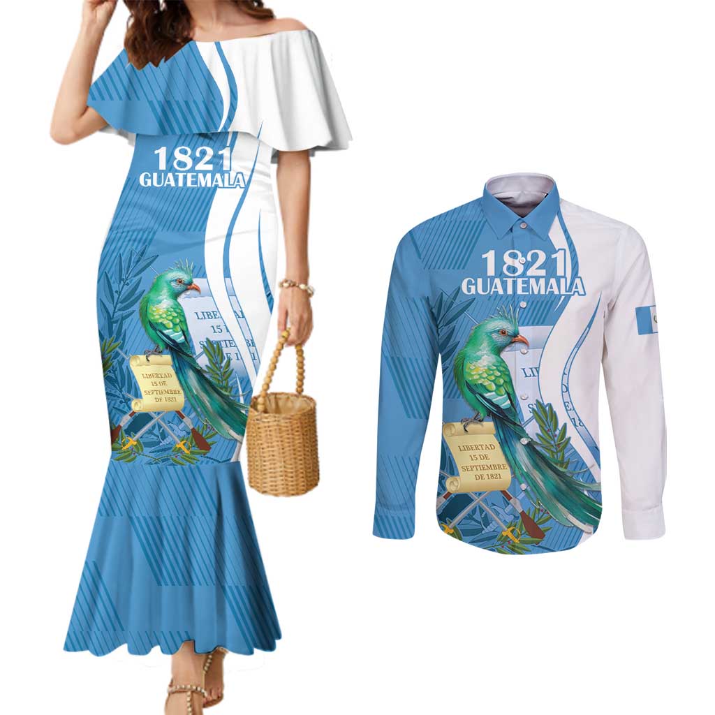 Personalized Guatemala Independence Day Couples Matching Mermaid Dress and Long Sleeve Button Shirt Since 1821 With Quetzal Bird