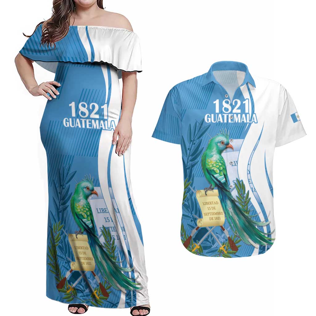 Personalized Guatemala Independence Day Couples Matching Off Shoulder Maxi Dress and Hawaiian Shirt Since 1821 With Quetzal Bird - Wonder Print Shop