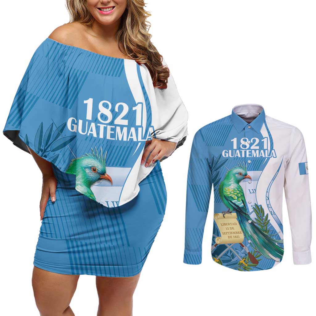 Personalized Guatemala Independence Day Couples Matching Off Shoulder Short Dress and Long Sleeve Button Shirt Since 1821 With Quetzal Bird - Wonder Print Shop