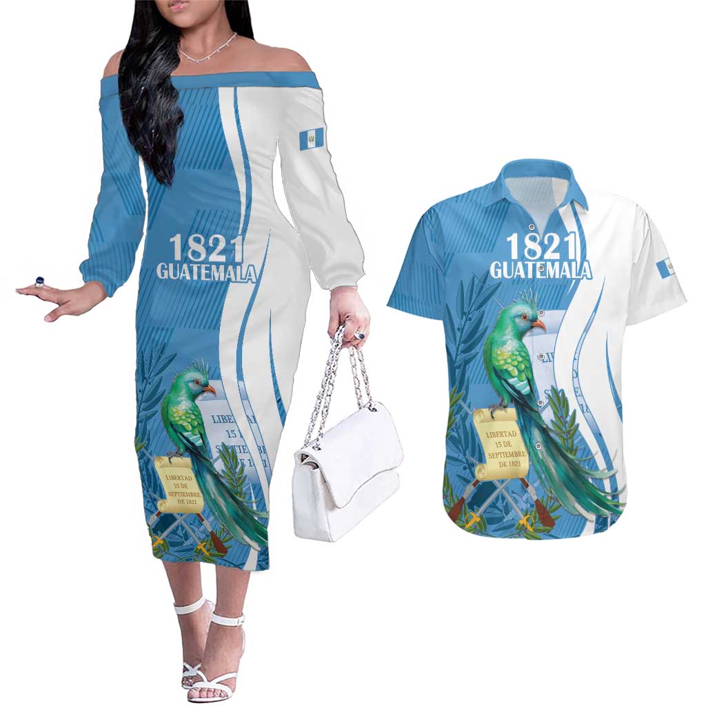 Personalized Guatemala Independence Day Couples Matching Off The Shoulder Long Sleeve Dress and Hawaiian Shirt Since 1821 With Quetzal Bird - Wonder Print Shop