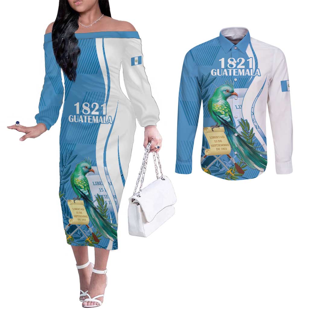 Personalized Guatemala Independence Day Couples Matching Off The Shoulder Long Sleeve Dress and Long Sleeve Button Shirt Since 1821 With Quetzal Bird