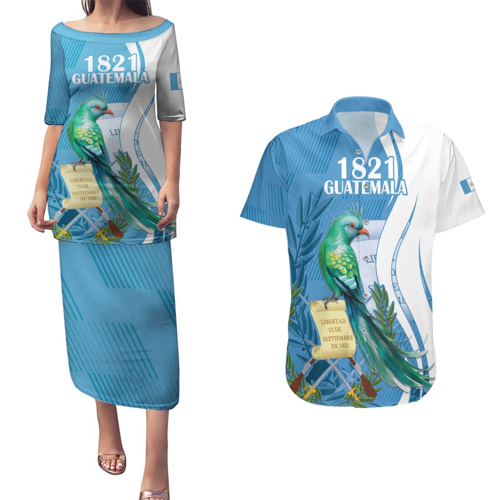 Personalized Guatemala Independence Day Couples Matching Puletasi and Hawaiian Shirt Since 1821 With Quetzal Bird - Wonder Print Shop