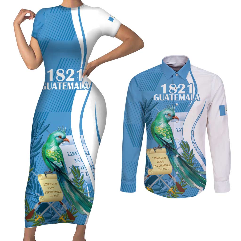 Personalized Guatemala Independence Day Couples Matching Short Sleeve Bodycon Dress and Long Sleeve Button Shirt Since 1821 With Quetzal Bird - Wonder Print Shop