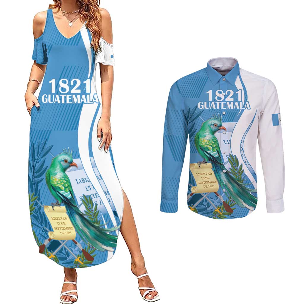 Personalized Guatemala Independence Day Couples Matching Summer Maxi Dress and Long Sleeve Button Shirt Since 1821 With Quetzal Bird - Wonder Print Shop