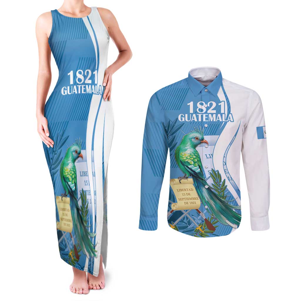 Personalized Guatemala Independence Day Couples Matching Tank Maxi Dress and Long Sleeve Button Shirt Since 1821 With Quetzal Bird - Wonder Print Shop