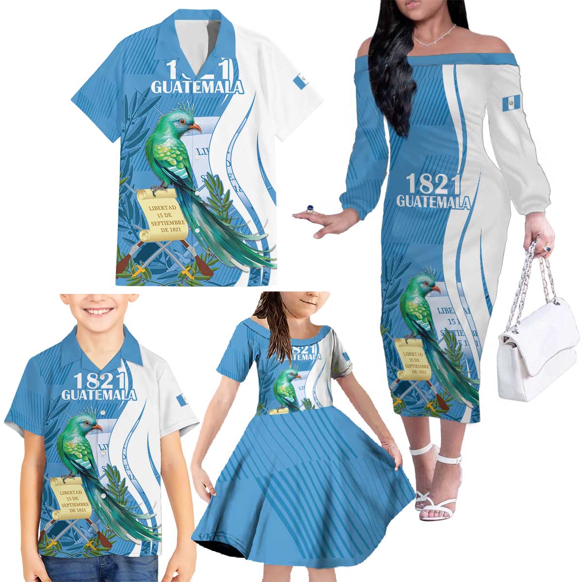 Personalized Guatemala Independence Day Family Matching Off The Shoulder Long Sleeve Dress and Hawaiian Shirt Since 1821 With Quetzal Bird - Wonder Print Shop