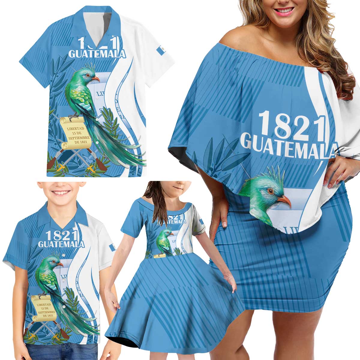 Personalized Guatemala Independence Day Family Matching Off Shoulder Short Dress and Hawaiian Shirt Since 1821 With Quetzal Bird - Wonder Print Shop