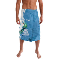 Blue lava lava pareo with quetzal bird, personalized text, and elastic waistband