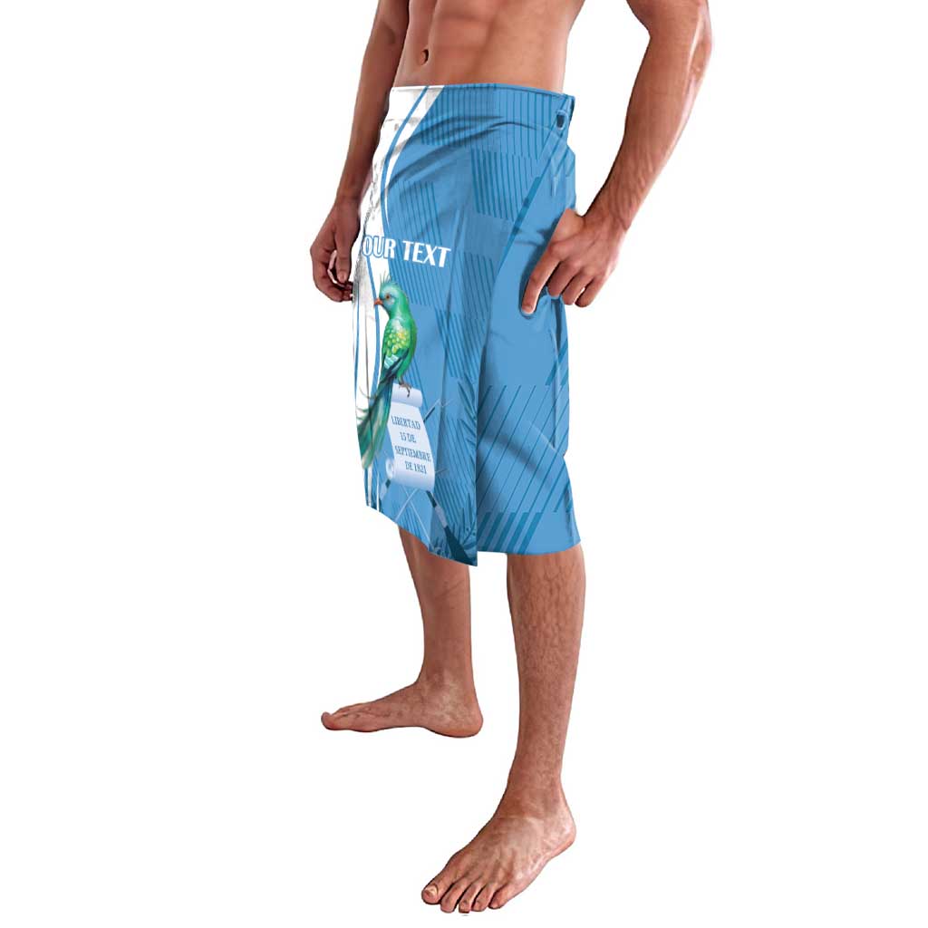 Blue lava lava pareo with quetzal bird graphic, personalized text, and elastic waist