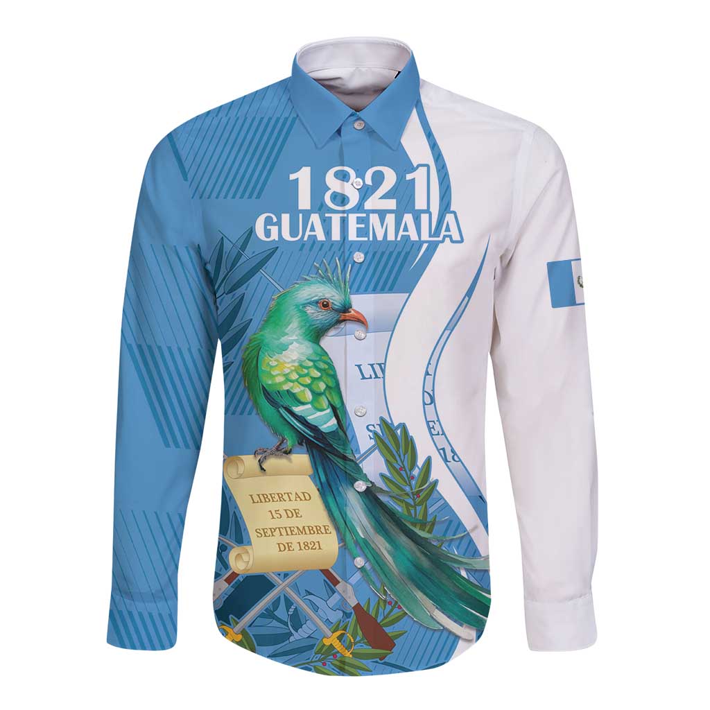 Long-sleeve button shirt, blue/white, quetzal bird with '1821 Guatemala' graphic