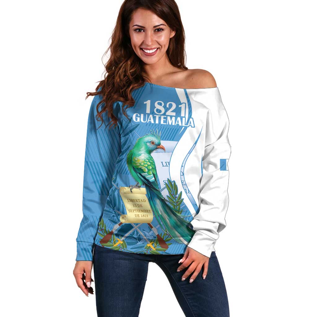 Personalized Guatemala Independence Day Off Shoulder Sweater Since 1821 With Quetzal Bird - Wonder Print Shop