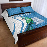Blue and white quilt bed set with quetzal bird print and two pillowcases