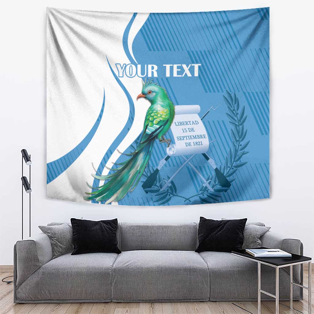 Blue and white tapestry with quetzal bird, feather fan design, and 'YOUR TEXT'