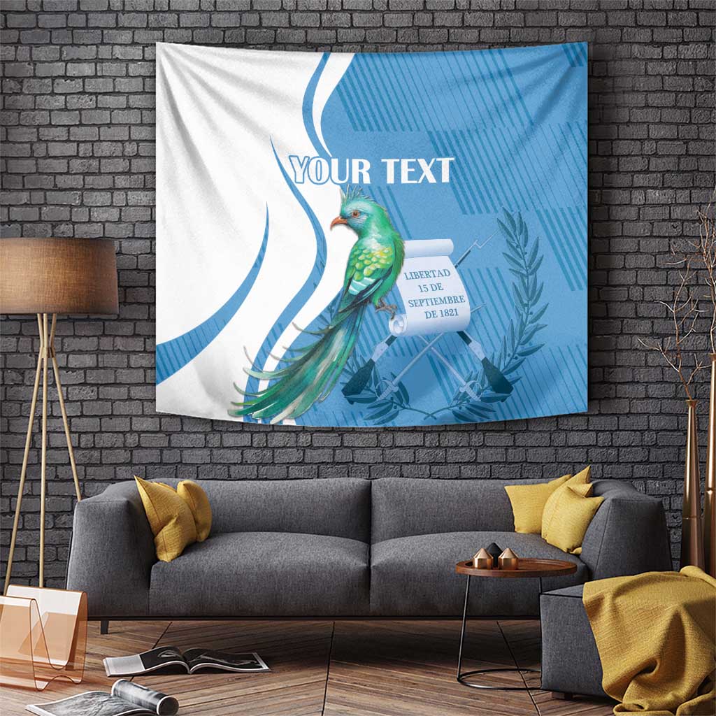 Blue and white quetzal bird tapestry with 'YOUR TEXT' and decorative Independence text