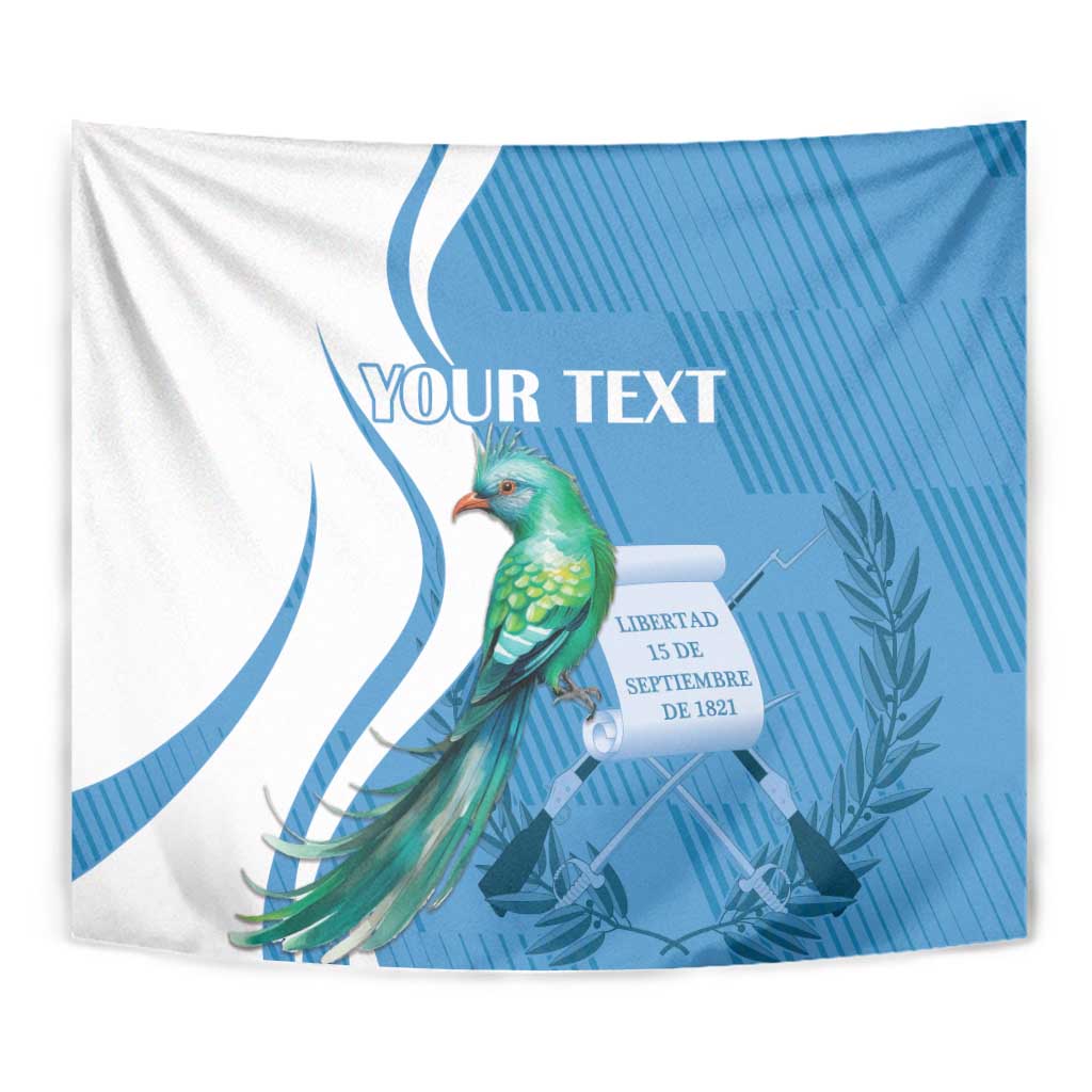 Close-up blue and white tapestry with green quetzal bird, 'YOUR TEXT', and date text