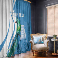 Blue personalized window curtain panel with quetzal bird graphic and placeholder text