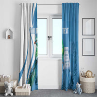 Personalized window curtain panels, white and blue with quetzal bird and decorative text