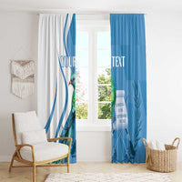 Personalized window curtain panels, white and blue, featuring quetzal bird and script