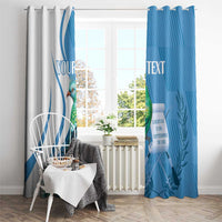 Pair of personalized window curtains, white and blue, each with quetzal bird artwork