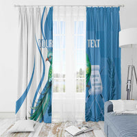 Hanging personalized window curtain set, white and blue panels with quetzal bird print