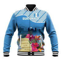 Blue baseball jacket with tropical floral cityscape front graphic and striped ribbed trim