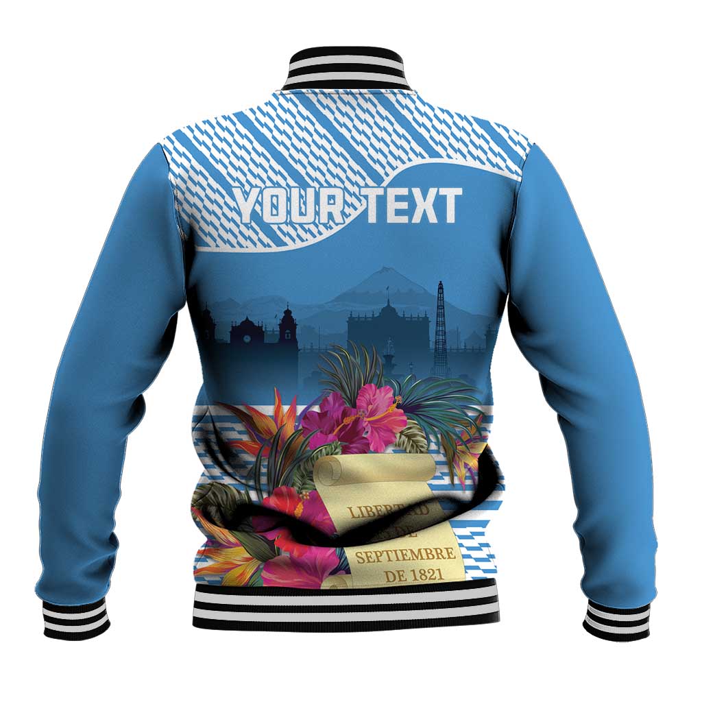 Blue baseball jacket back with striped ribbed collar and 'YOUR TEXT' tropical floral graphic