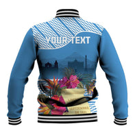 Blue baseball jacket back with striped ribbed collar and 'YOUR TEXT' tropical floral graphic