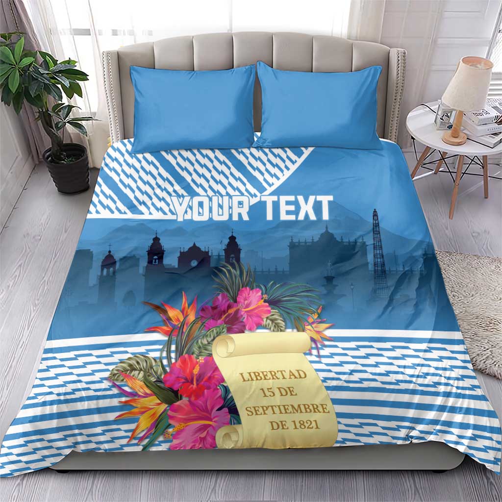 Blue bedding set with tropical flowers, city silhouette, and bold custom text across duvet