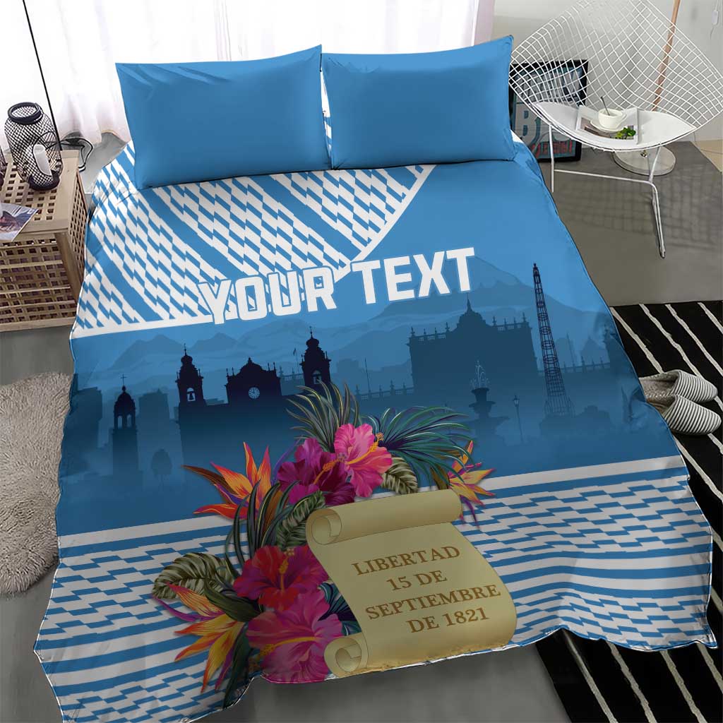 Blue personalized bedding set with tropical flowers, custom text, and stripe pattern duvet