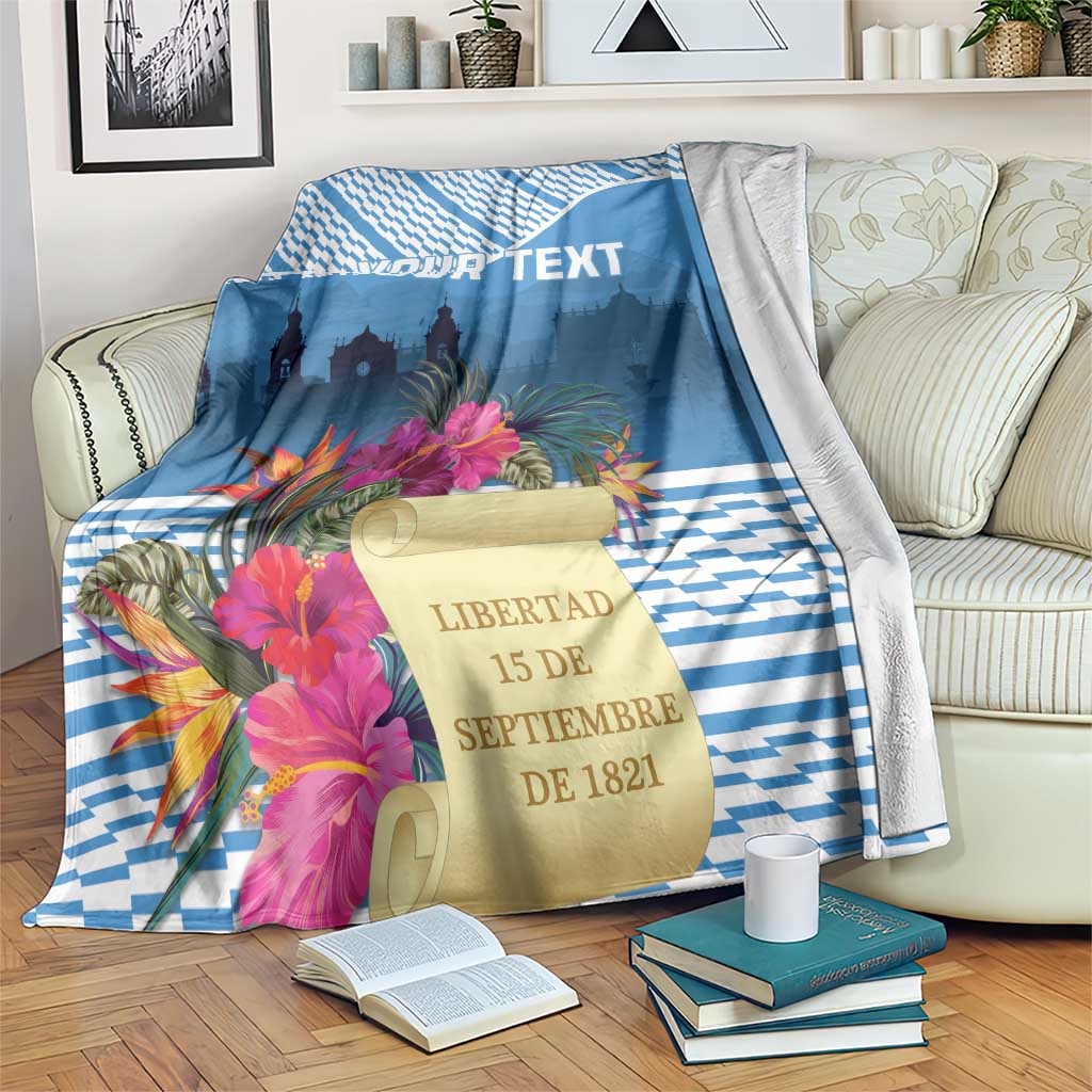 Personalized Independence Day blanket draped, blue zigzag with tropical flowers and ribbon text.