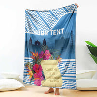 Personalized Independence Day blanket, blue zigzag with tropical flowers and “YOUR TEXT”.