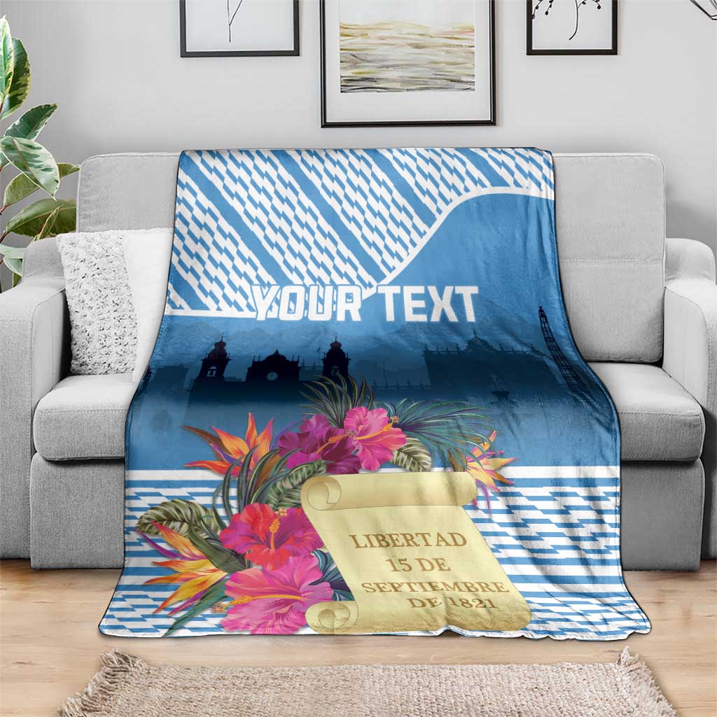 Personalized Independence Day blanket, blue zigzag with tropical flowers and “YOUR TEXT” banner.