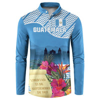Blue button sweatshirt polo style with Guatemala text and tropical flower graphic