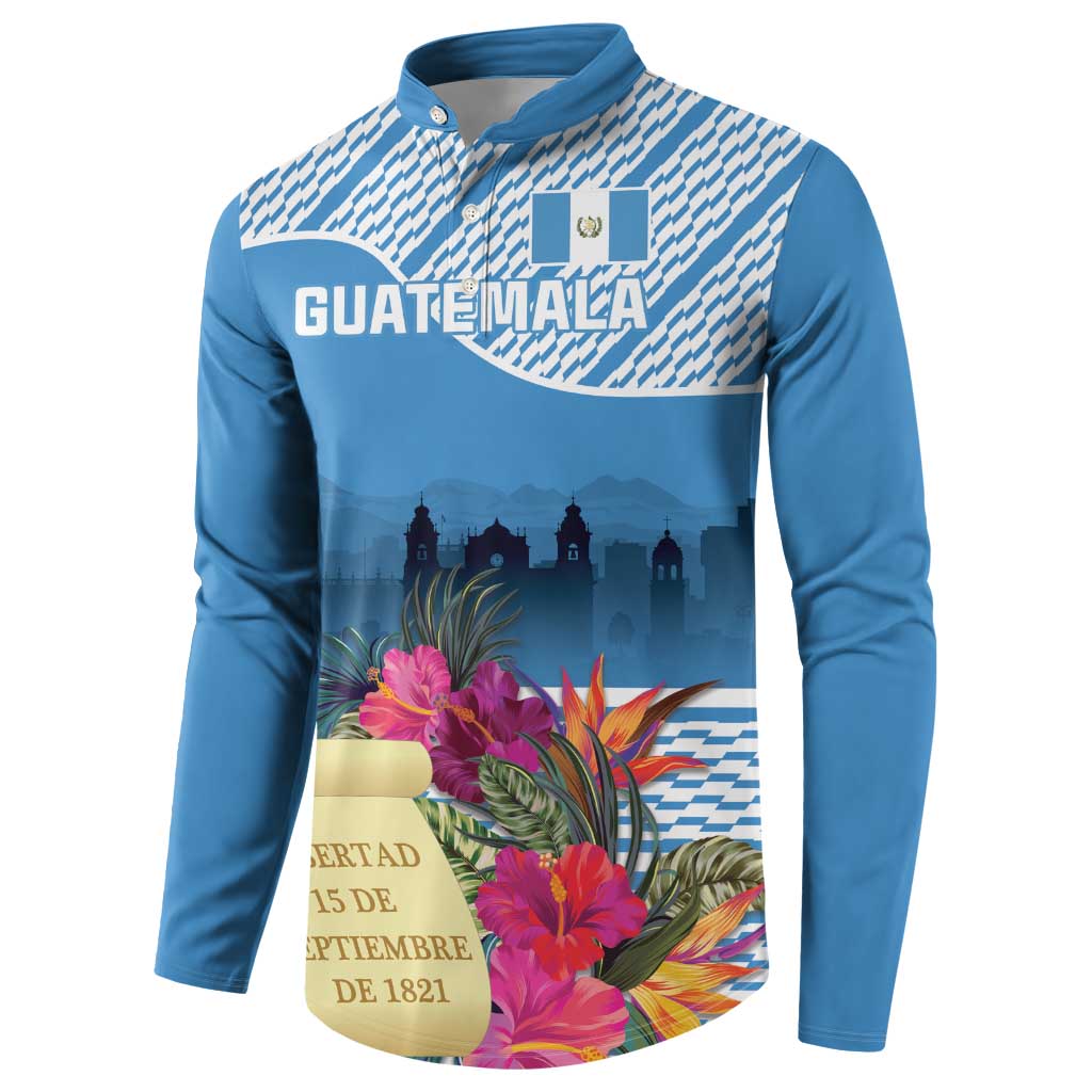 Blue button sweatshirt with Guatemala text, tropical flowers, and 15 de septiembre badge