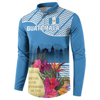Blue button sweatshirt with Guatemala text, tropical flowers, and 15 de septiembre badge