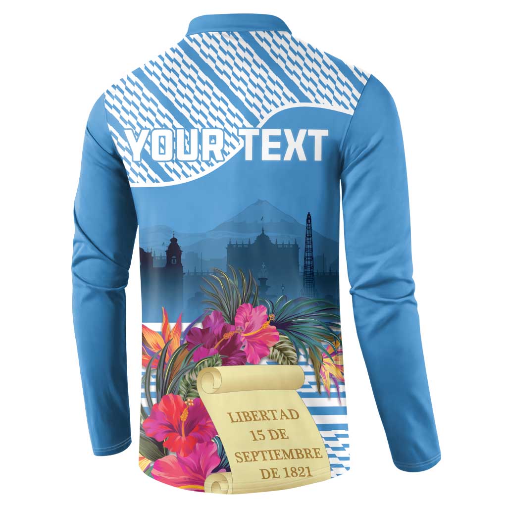 Blue button sweatshirt, back YOURTEXT and tropical flower graphic with ribbon badge