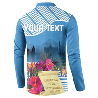 Blue button sweatshirt, back YOURTEXT and tropical flower graphic with ribbon badge
