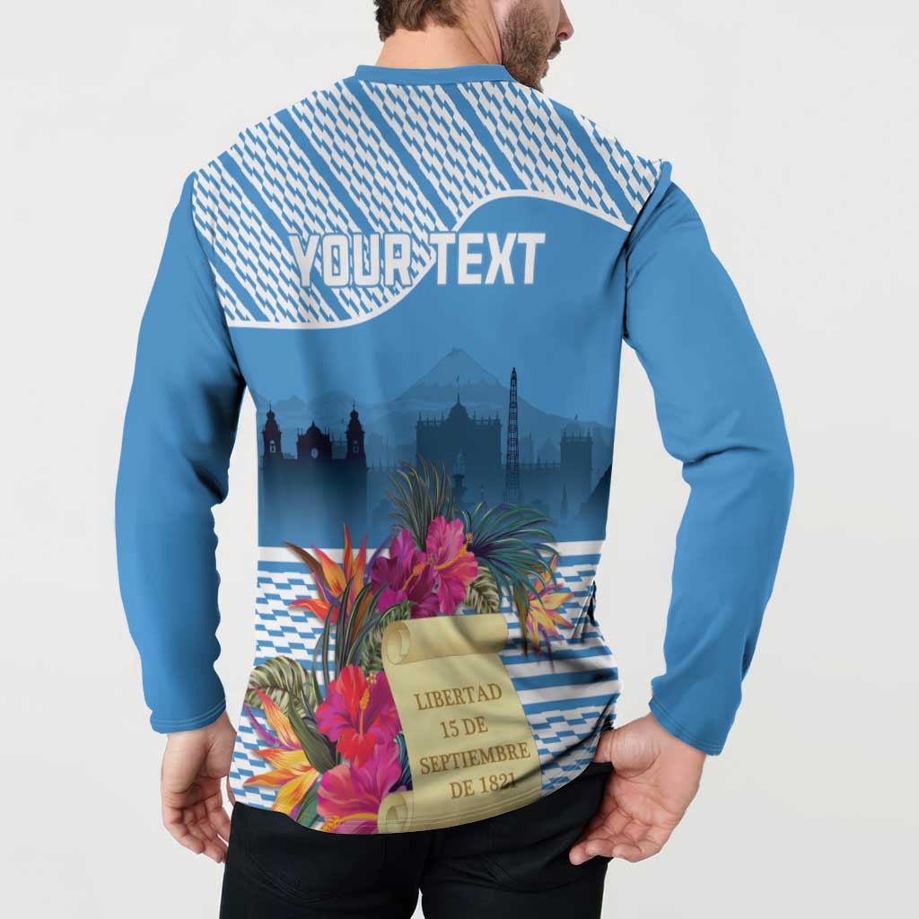 Blue button sweatshirt, back view with YOURTEXT, tropical flowers, and ribbon badge
