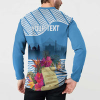 Blue button sweatshirt, back view with YOURTEXT, tropical flowers, and ribbon badge