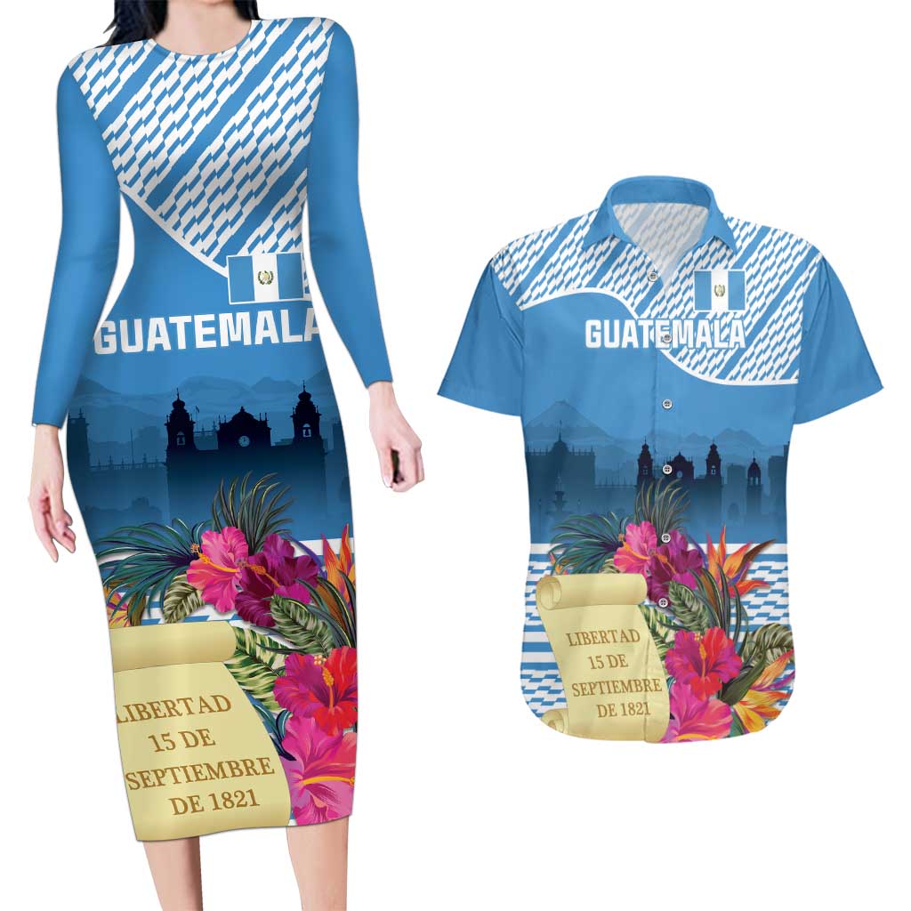 Personalized Guatemala Independence Day Couples Matching Long Sleeve Bodycon Dress and Hawaiian Shirt With Tropical Flower - Wonder Print Shop