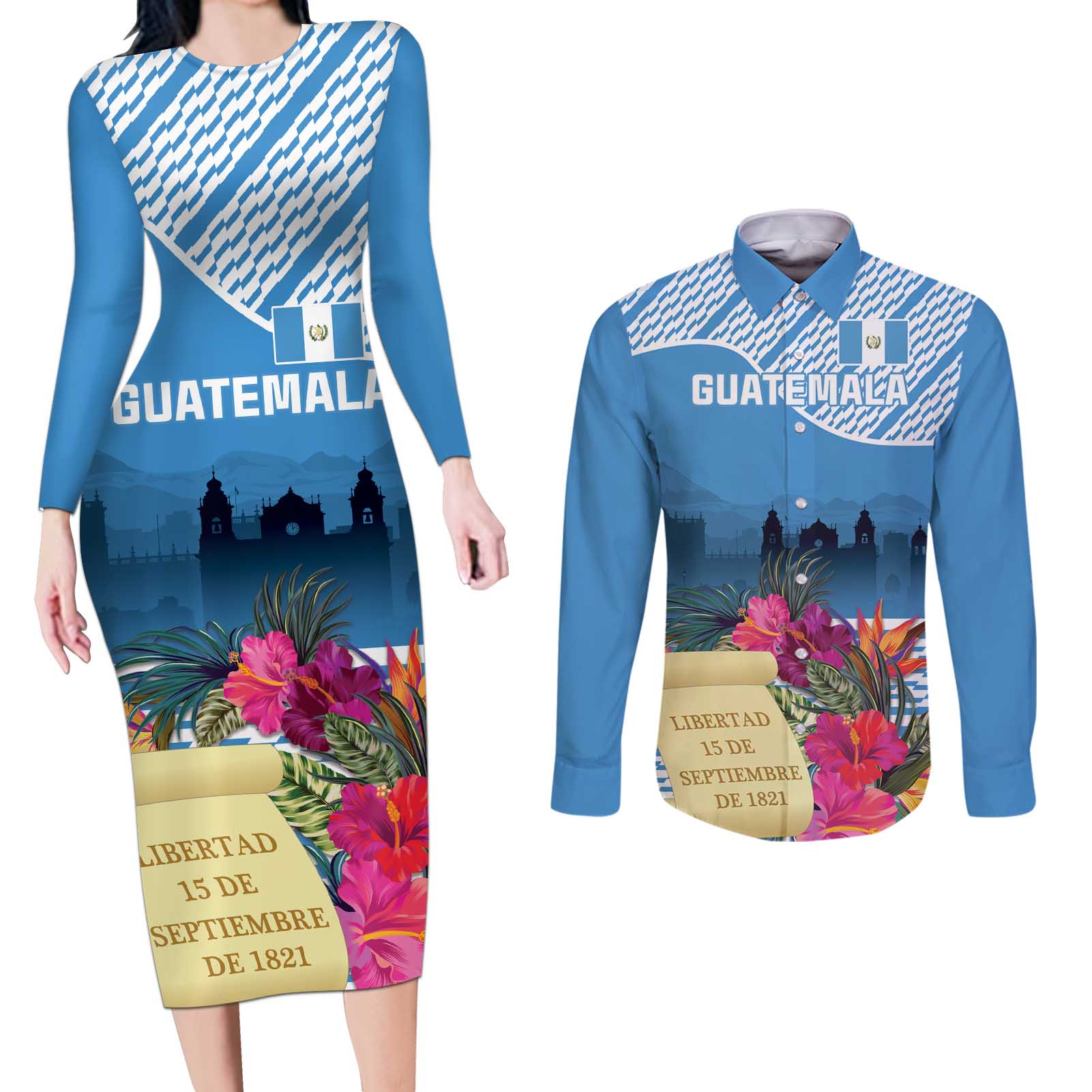 Personalized Guatemala Independence Day Couples Matching Long Sleeve Bodycon Dress and Long Sleeve Button Shirt With Tropical Flower - Wonder Print Shop