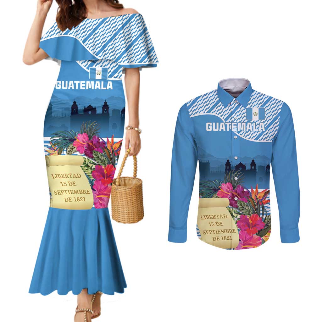 Personalized Guatemala Independence Day Couples Matching Mermaid Dress and Long Sleeve Button Shirt With Tropical Flower